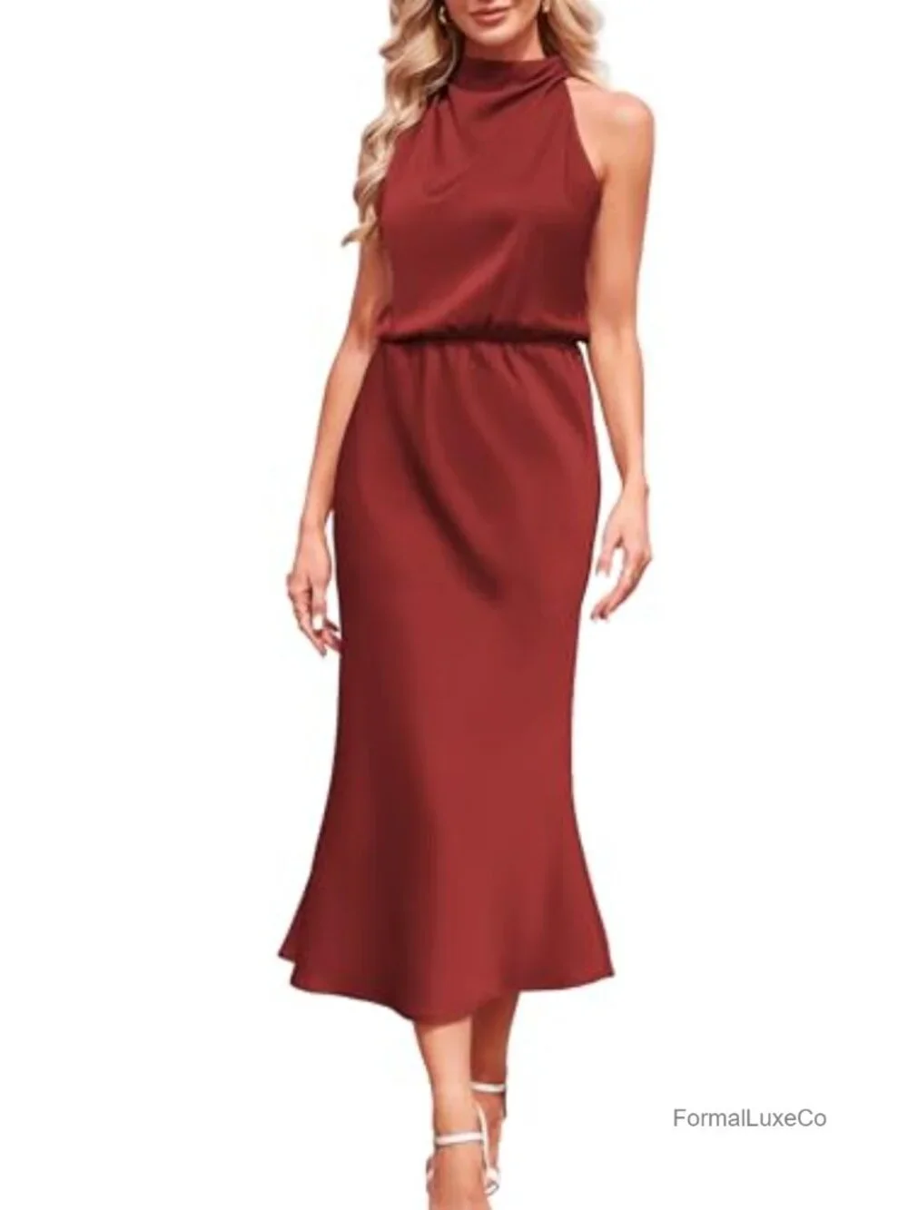 Satin Maxi Dress Sleeveless Mock Neck Ruched Cocktail Wedding Guest